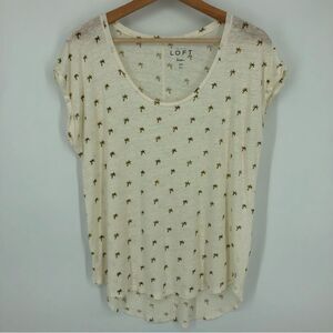 Loft 100% Linen Shirt Womens XL Palm Tree Novelty‎ White Scoop Neck Short Sleeve